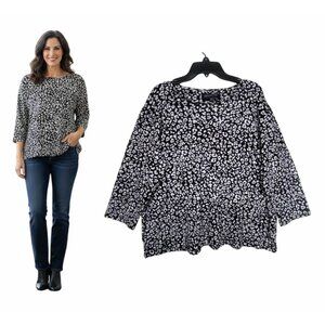 ⭐Jones New York 1X Women's Basic Top Animal Print Black White 3/4 Sleeve Cotton